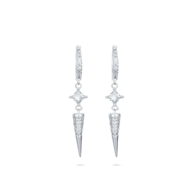 Silver hoop earring with white rhombus pattern