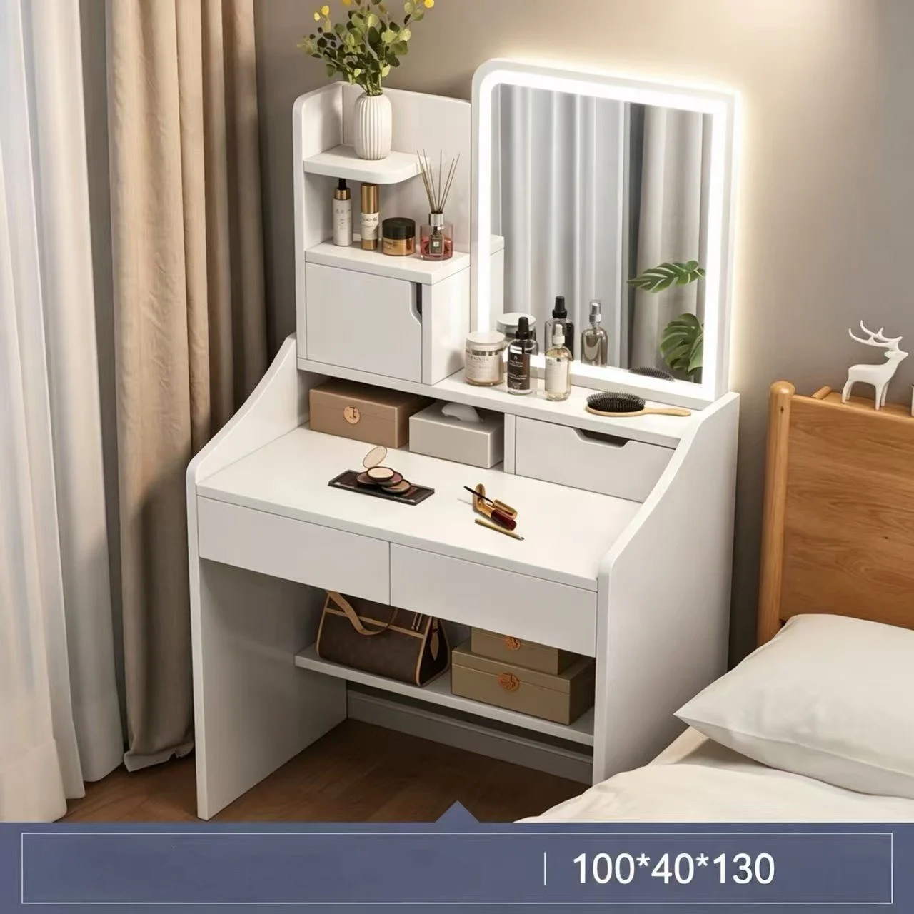 Makeup vanity with mirror including LED lighting, width 1 m cm, model RSM-6402, white color 1 Makeup vanity with mirror including LED lighting, width 1 m cm, model RSM-6402, white color